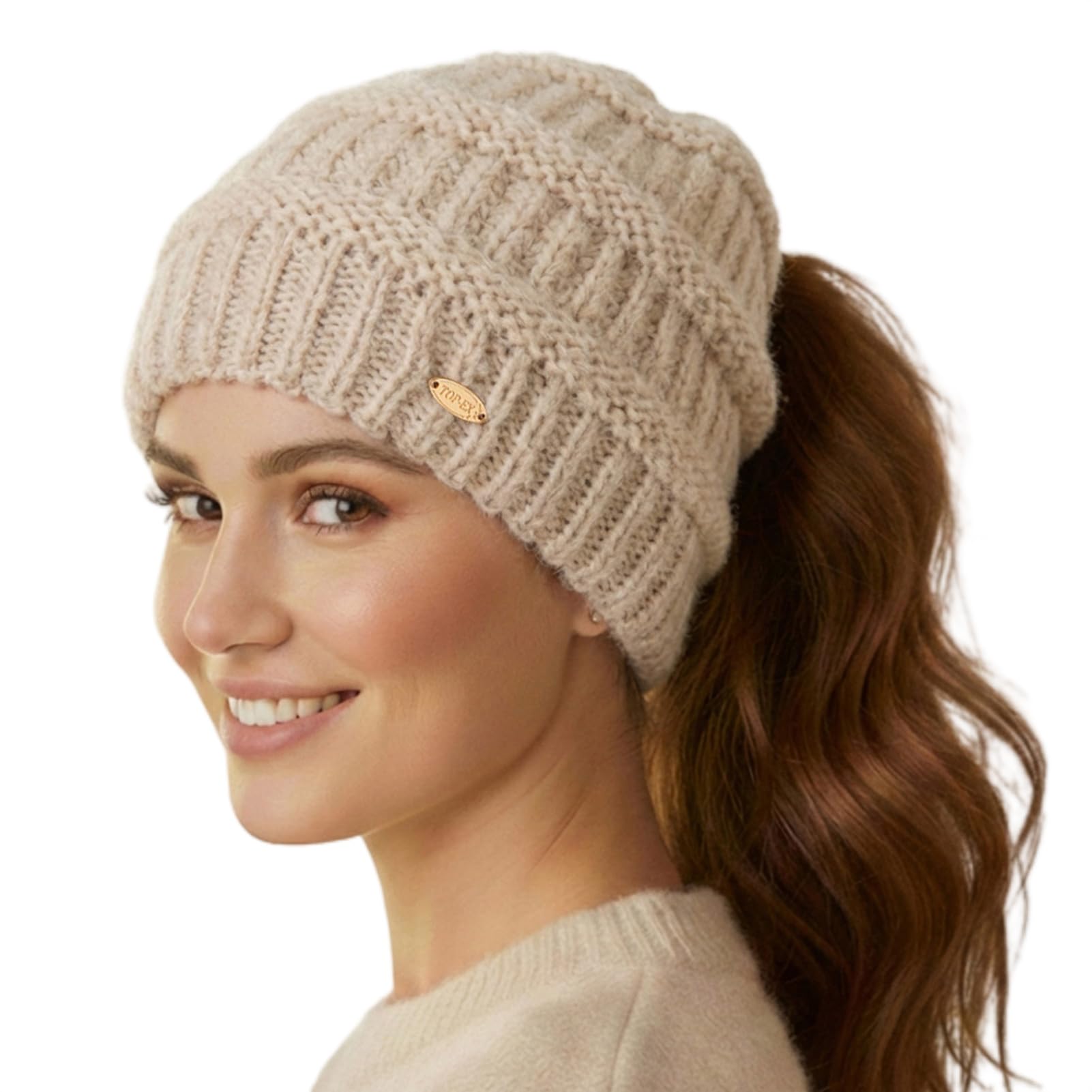 TOP-EX Damska czapka zimowa Beanie 50% wełna merynosowa z otworem na