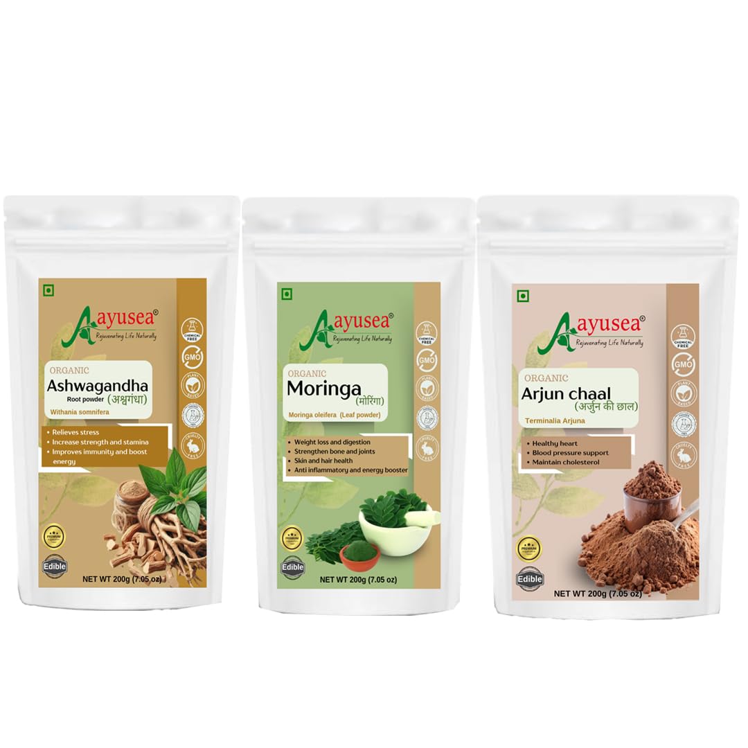 AYUSEA® ARJUN CHAAL POWDER (200g) AND MORINGA POWDER (200g) AND ASHWAGANDHA POWDER (200g) COMBO FOR CARDIO HEALTH, STRESS REDUCTION AND FOR HOLISTIC WELLNESS-picture-32