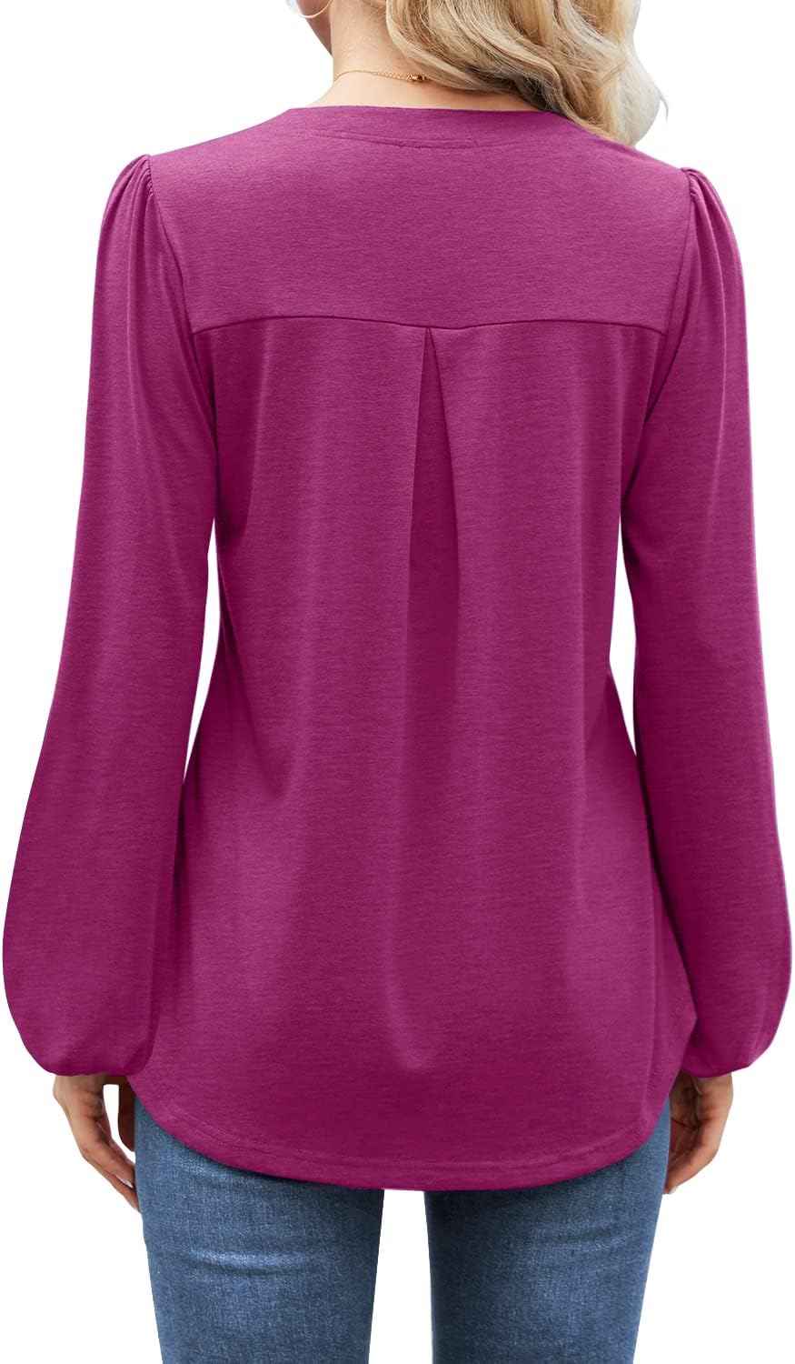 MIHOLL Women's V Neck Puff Long Sleeve T Shirts Pleated Casual Loose Tunic Blouse - Image 2