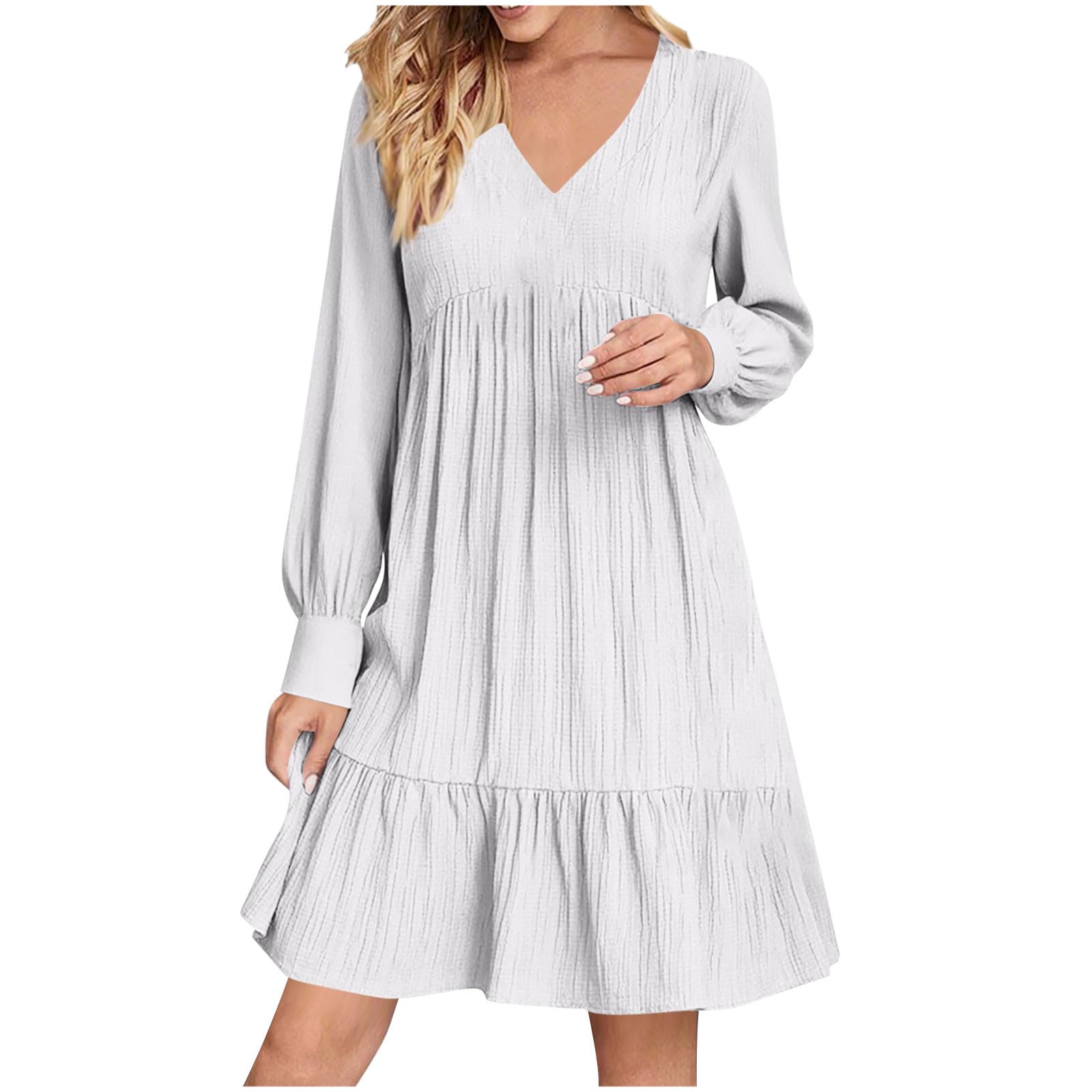 Fall Dresses for Women Long Sleeve V Neck Lightweight Pleated Casual Empire Waist Casual A Line Swing Mini