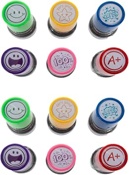 Hobby Lobby Colorful Teacher Stamps Set, 12 Pack, 6 Designs, Plastic, Smiley Face, A+, 100%, Super, Very Good, Classroom Supplies