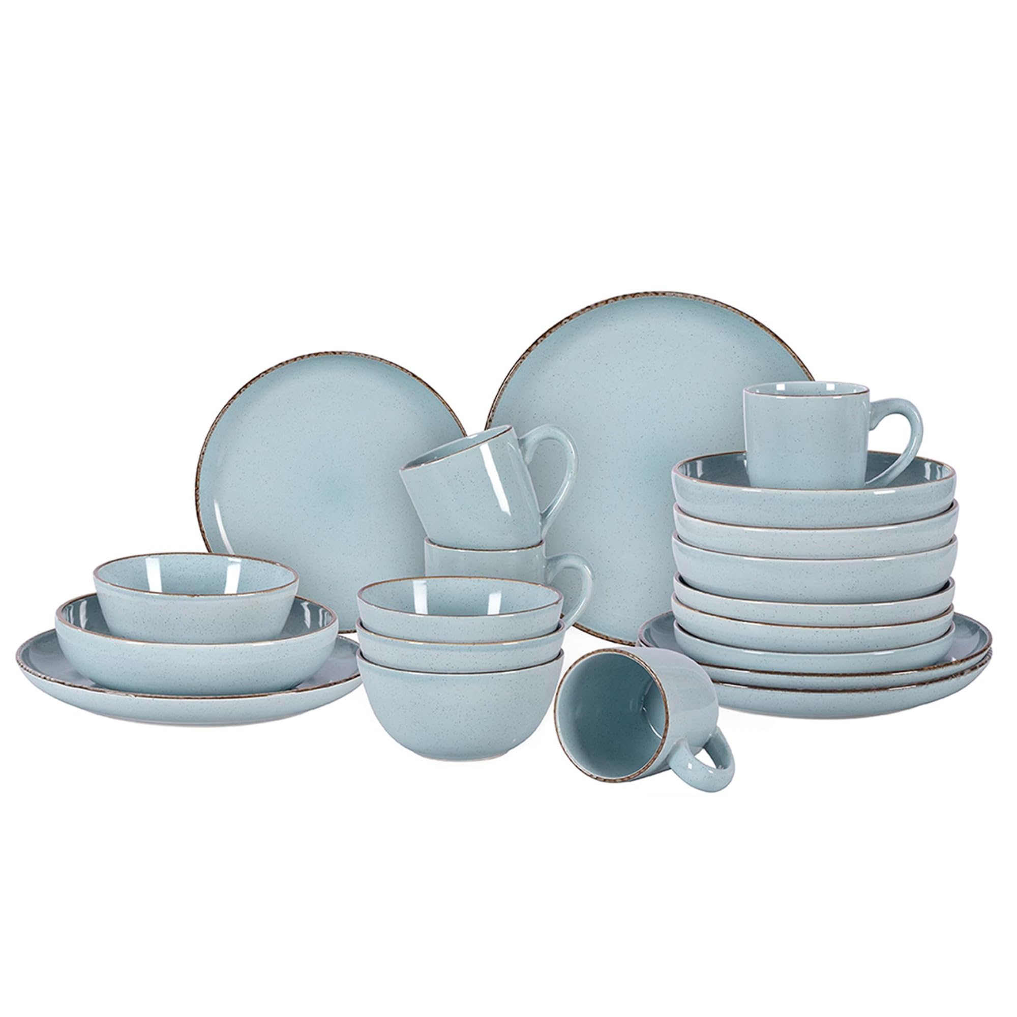 20-Piece Dinnerware Set, Nordic Ceramic Plates and Bowls Sets for 4, Raised Rim Tableware Collection, Shiny Light Blue Speckled Serveware for Daily Use, Microwave & Dishwasher Safe