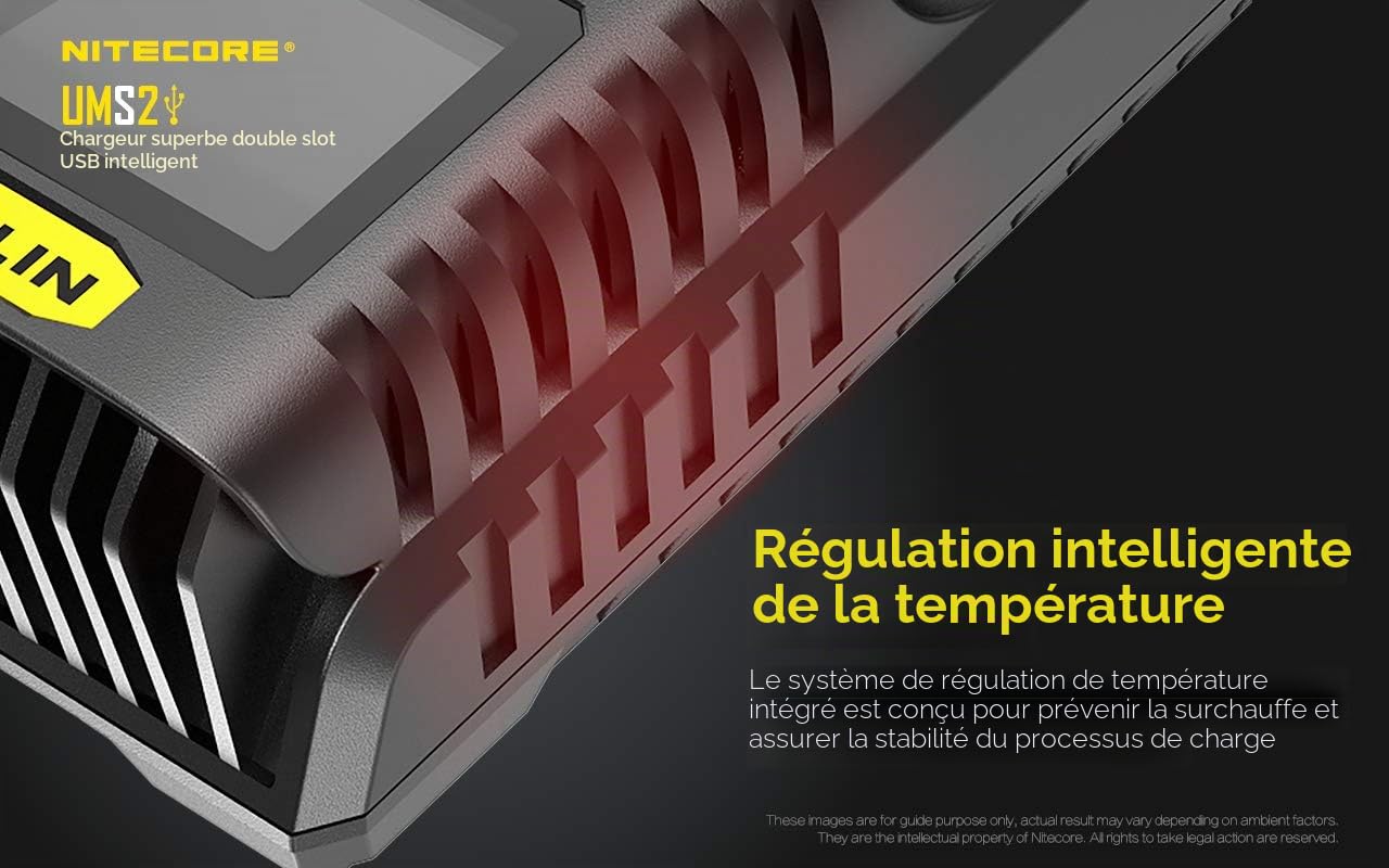 Nitecore Chargeur Universel Intelligent 2 Ports UMS2 USB à Chargement Rapide pour Li-ION/Ni-MH/Ni-CD/IMR 26650 21700 20700 20700 18650 18490 18350 17335 16340 RCR123 14500 10440 AA AAA Batteries