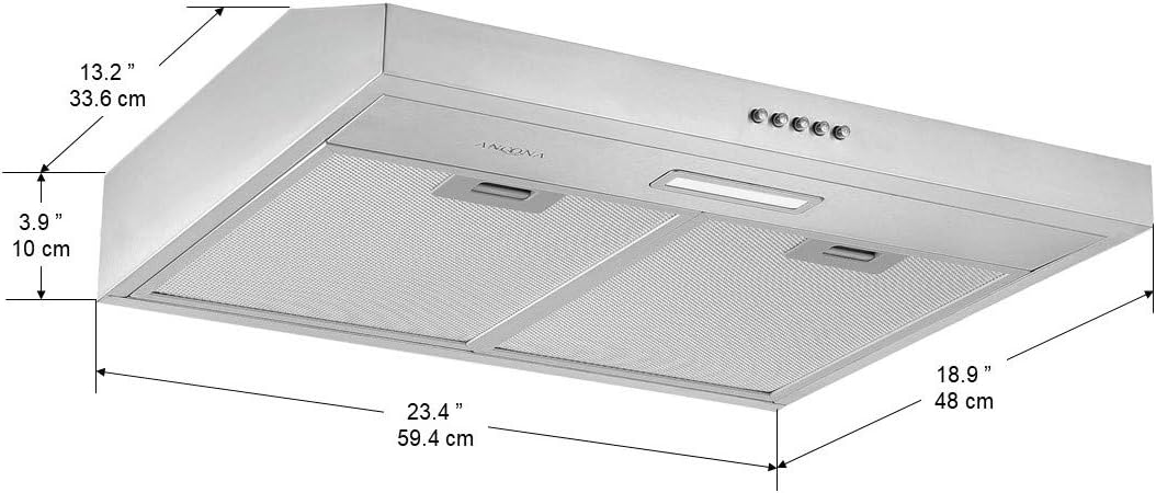 Diagram showing the dimensions of the Ancona AN-1802 Range Hood in inches and centimeters.