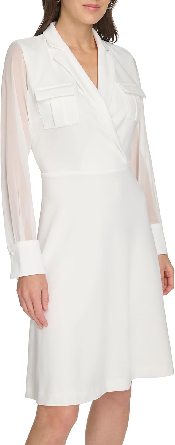 Calvin Klein Womens Long Chiffon Sleeve Collared Surplice Neck Crepe Mini Dress - Image 3