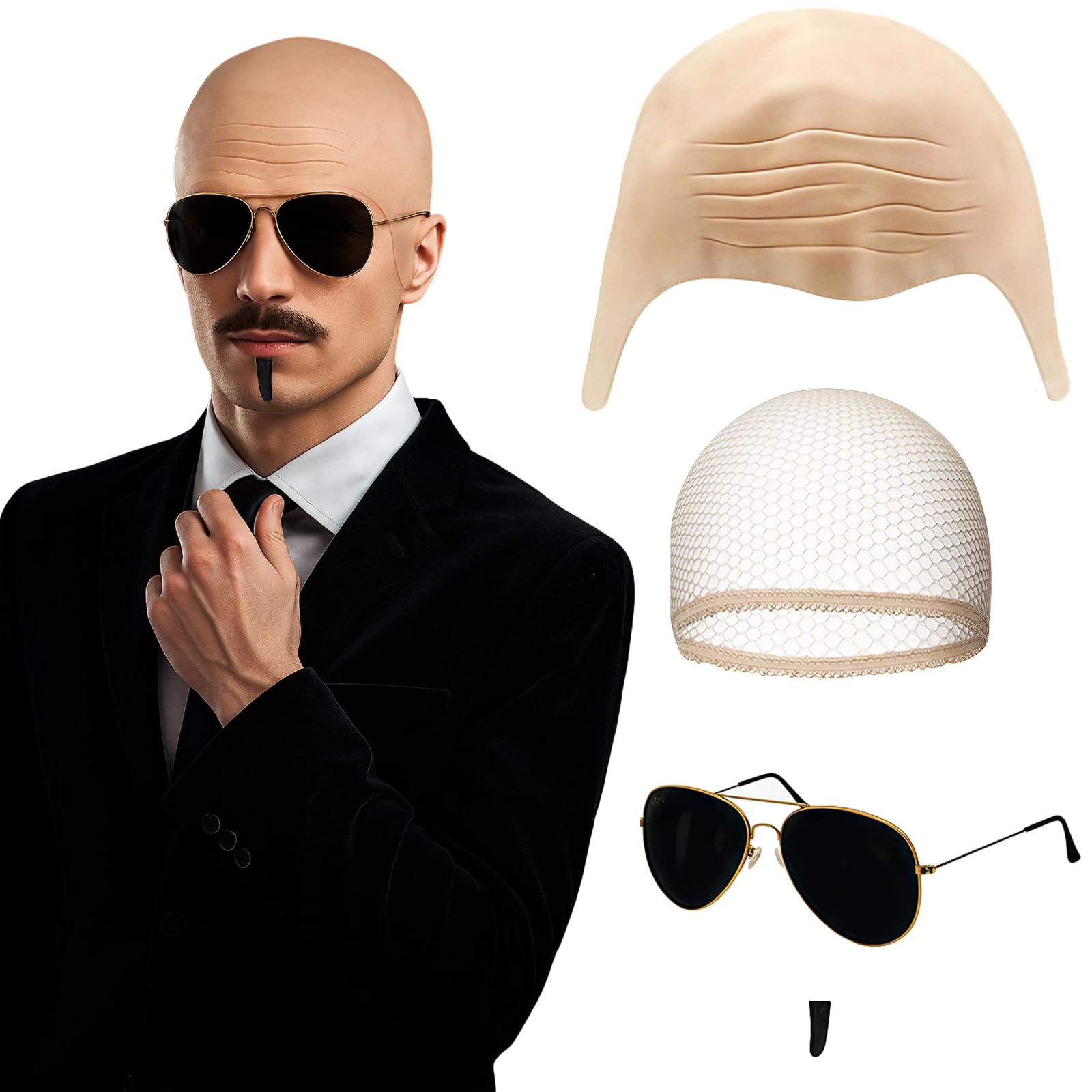 AYNKH Bald Caps Costume Set for Adults Men and Women Bald Head Wig Cap with Sunglasses