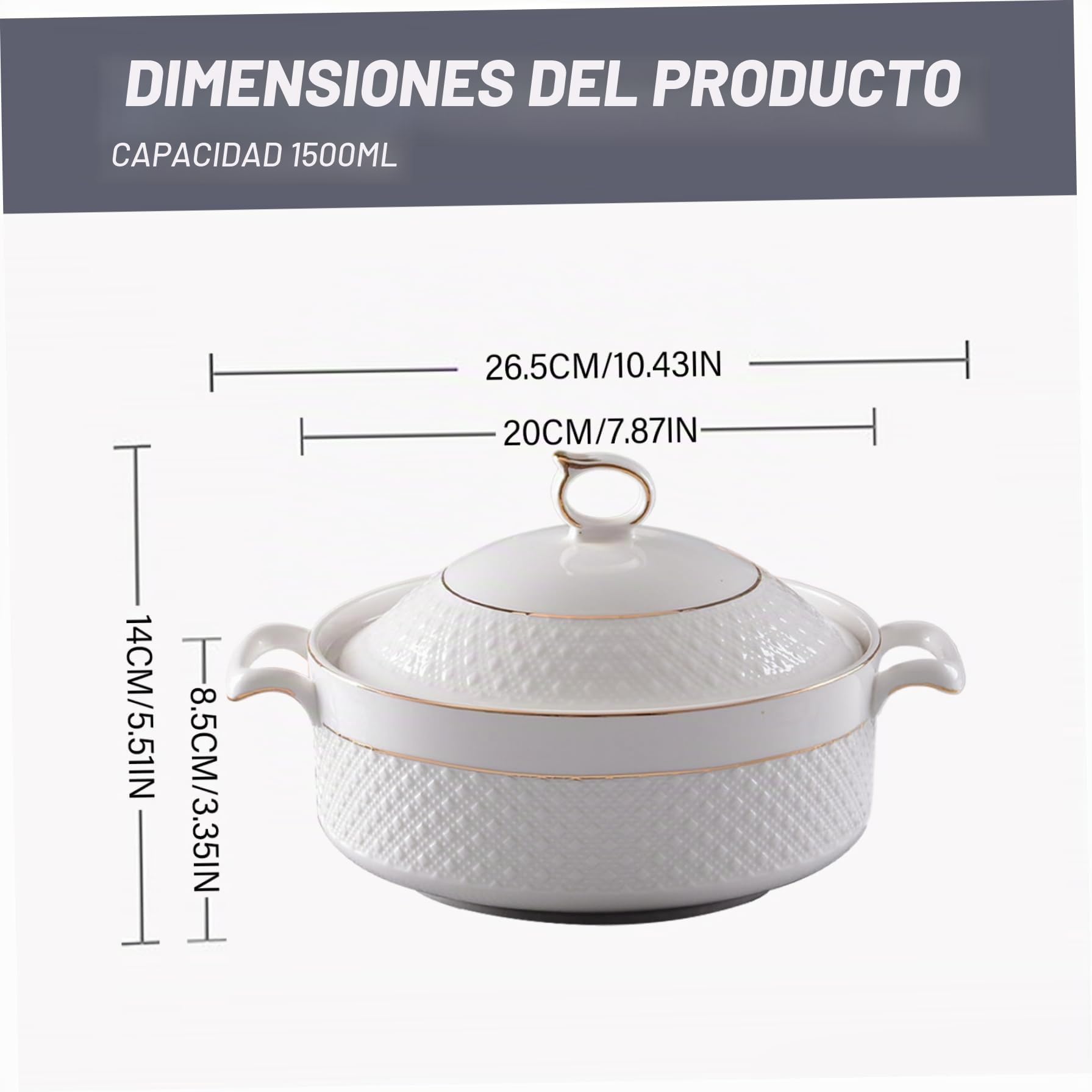 Sopera de cerámica, Cuencos Blancos de 1, 5 l con Borde Dorado, sopera de Doble asa con Tapa y cucharón para Pasta, para Cocina