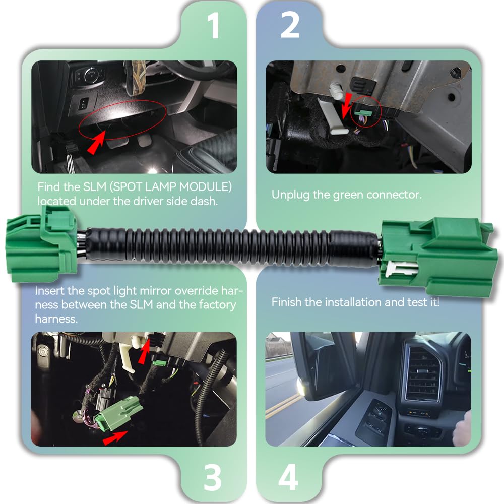 Mirror Spot Lights Speed Override Mod Harness for 2015-2020 F'ord F-150 2017-2020 F'ord F-150 Rapto.r and 2017-2022 F'ord F-250 F-350 Super Duty Tow Mirror Spotlights Stay on Over 6 mph PNP Module