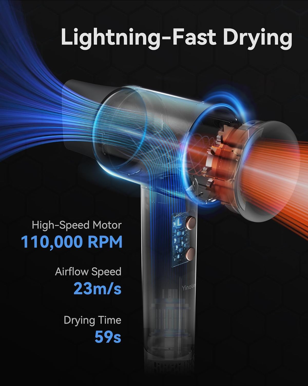 Hair Dryer Ionic Blow Dryer with Diffuser for Curly Hair, 1500W High-Speed Brushless Corded with 150,000 RPM, Fast Drying Low Noise Thermo-Control Hairdryer with Nozzle for Home Travel - Image 2