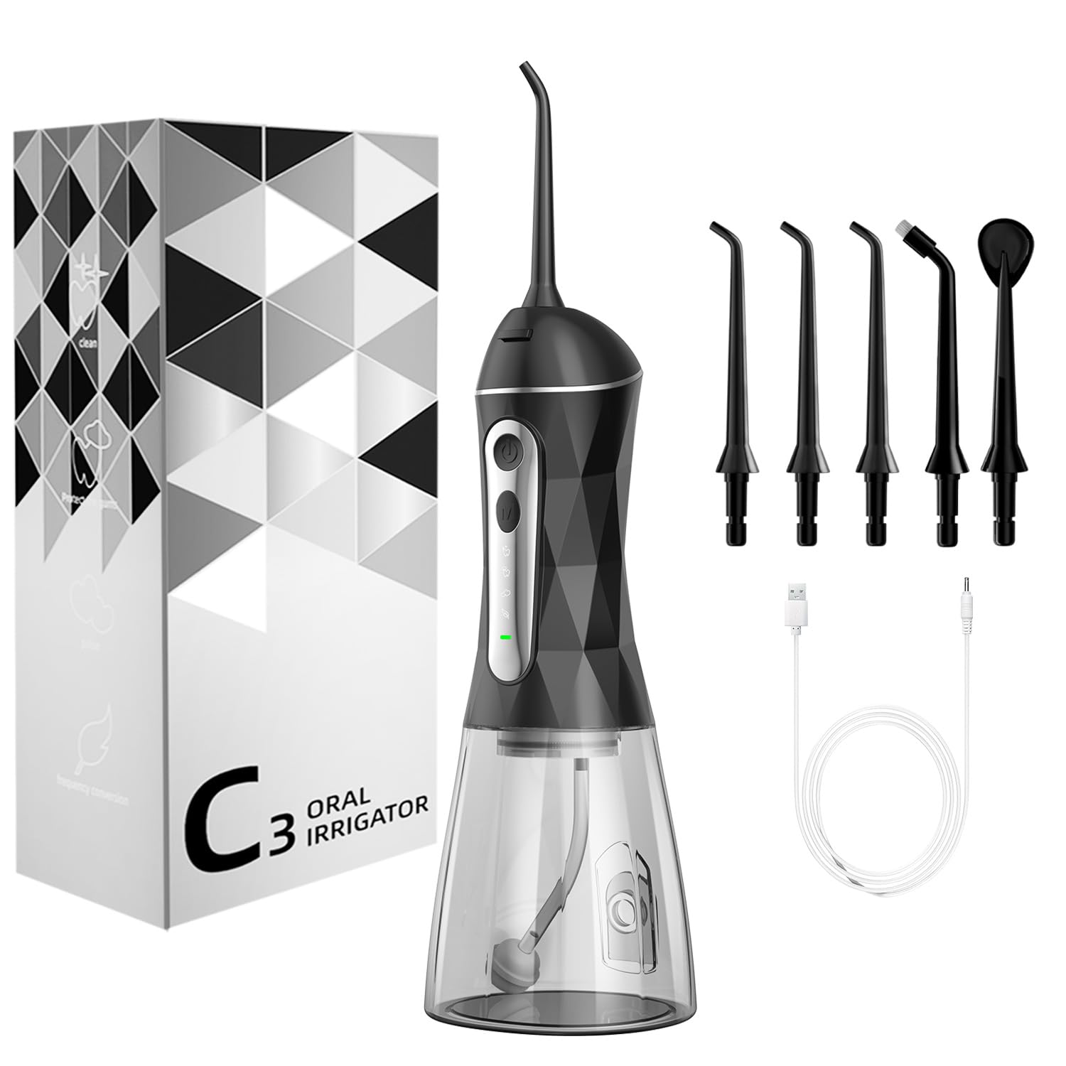 Hydropulseur dentaire : Irrigateur buccal portable sans fil 320 ml rechargeable nettoyant d'irrigation de voyage IPX7 étanche pour nettoyage des dents (noir)
