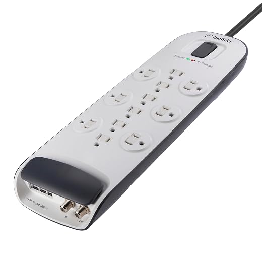 Belkin BV112234-08 12-Outlet Surge Protector with 8 ft Power Cord and Ethernet, Cable/Satellite and Telephone Protection