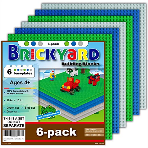 Brickyard Building Blocks Lego Compatible Baseplate - Pack of 6 Large 10 x 10 Inch Base Plates for Toy Bricks, STEM Activities & Display Table - Green, Blue, Gray