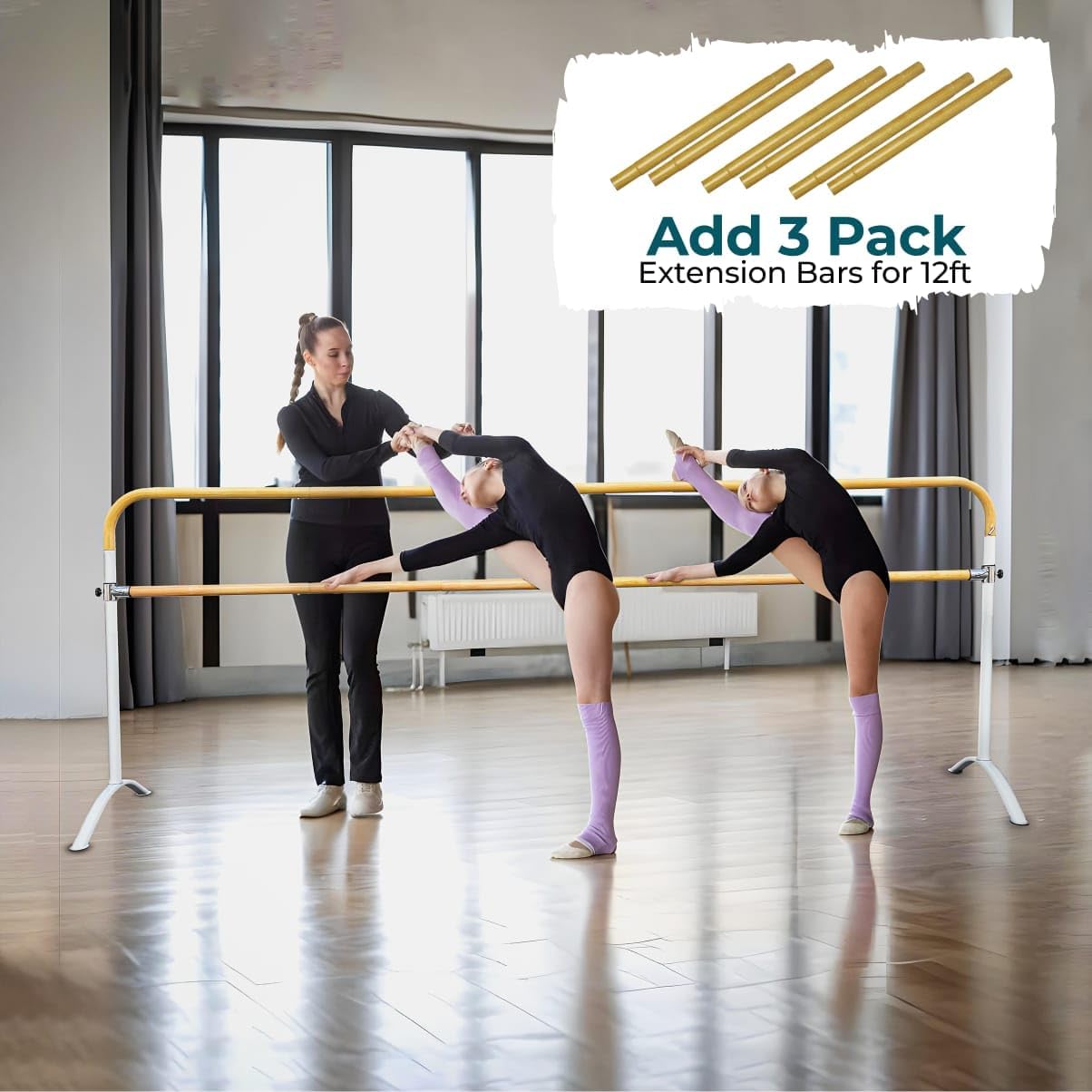 Extension for 6Ft Double Bar Curved Ballet Barre 25"/2Ft – Add-On Only, Not a Standalone Barre – Compatible with 6Ft Double Bar Ballet Barre