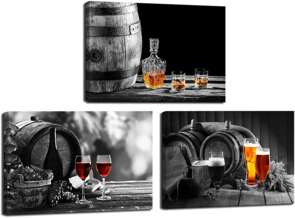 Nachic Wall - 3 Piece Kitchen Wall Art Whisky Beer Wine Pictures Canvas Prints for Dining Room Bar Decoration Still Life Painting Modern Western Wall Decor Framed Ready to Hang