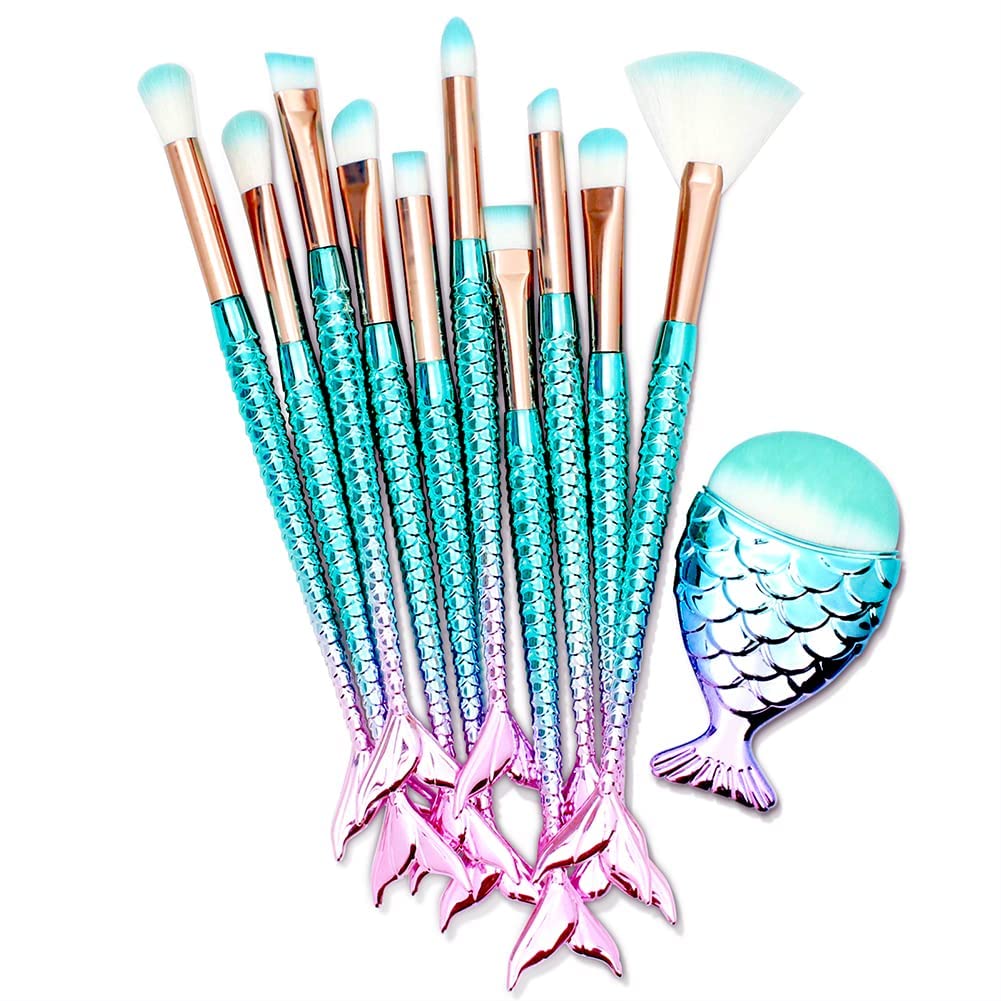 BeFunky 11PCS Makeup Brushes Set with Colorful Fish Tail Handle, Foundation Eyebrow Eyeliner Blush Cosmetic Concealer Brushes Gift for Girls Kids Women Cute Make Up Tool Set-picture-39