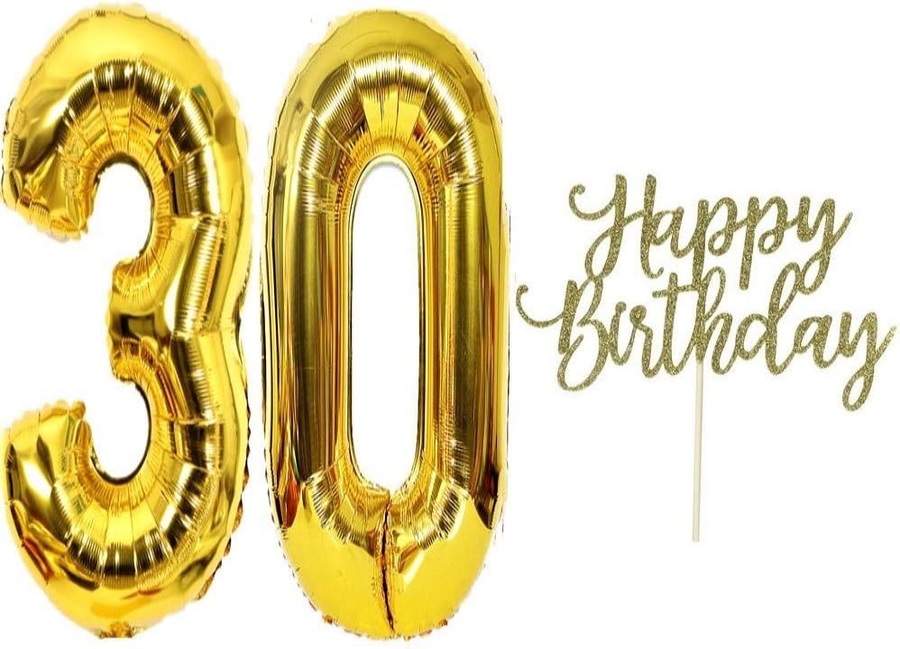 30th Birthday Balloons,Number 30 Gold 32 Inch,with Happy Birthday Cake Topper