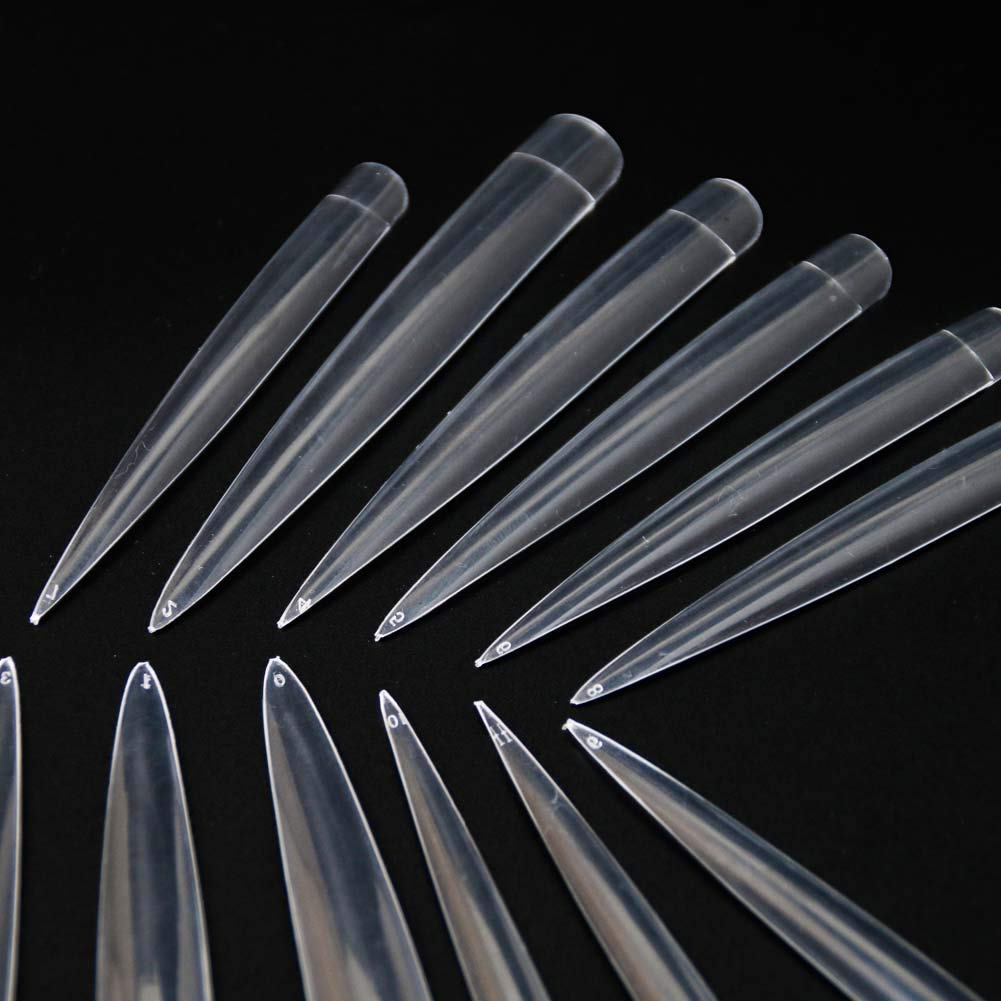 Vcedas 120 Pcs Stiletto Extra Long Sharp False Nail Art Tips Acrylic Fake Nail Tools Kit，12 Sizes（Clear）