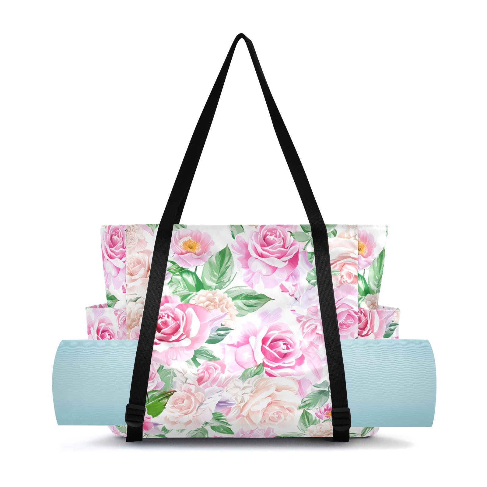 Lxqimora Flowers Elegant Romantic White Yoga Mat Bag for Women Water-Resistant Gym Bag with Yoga Mat Holder Tote Bag for Pilates Yoga Office Gym