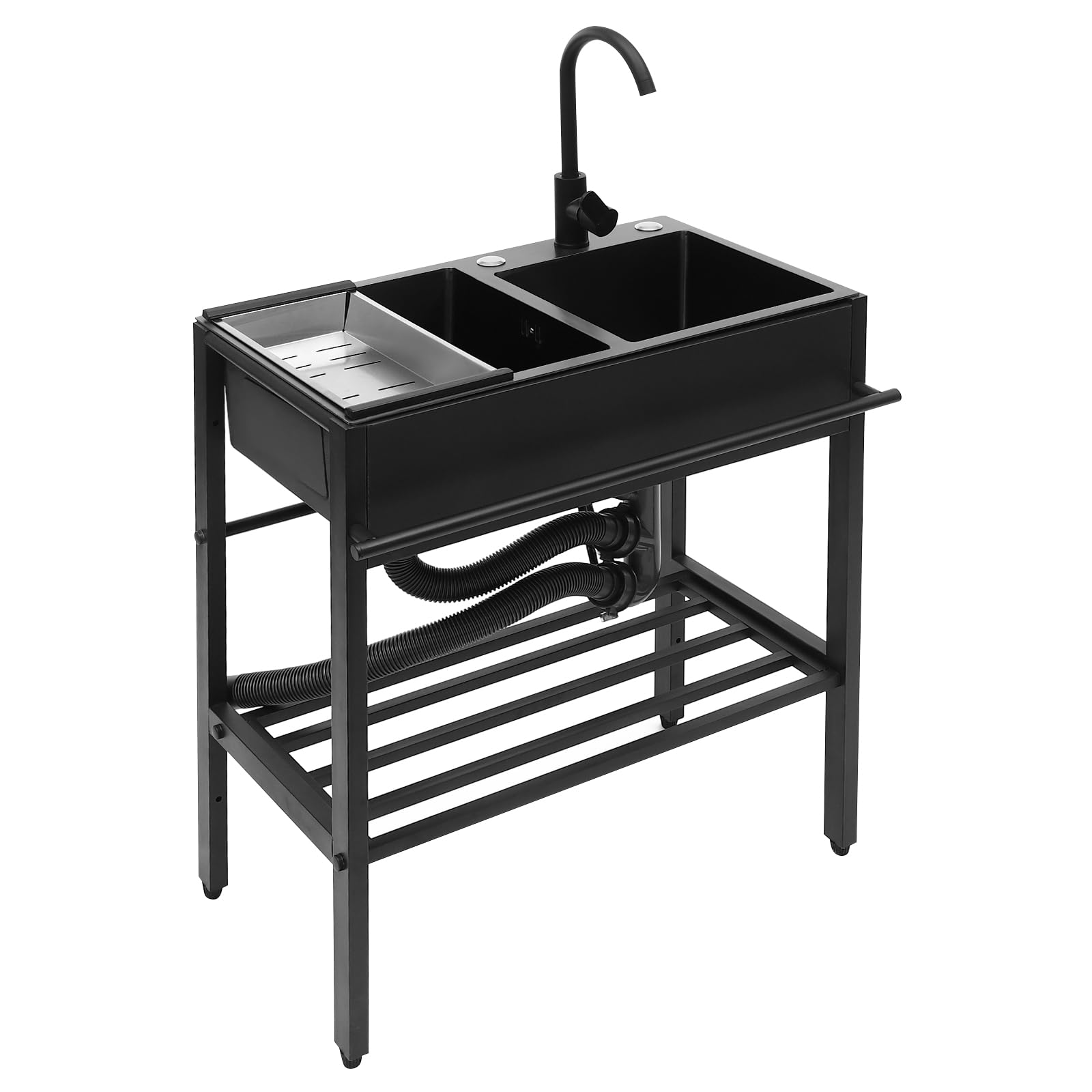 Lavello autoportante in acciaio inox, 2 vasche, 72 x 40 x 86 cm, nero
