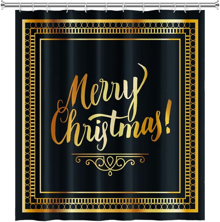 Yeele Merry Christmas Shower Curtain Golden Luxury Bath Shower Curtains Xmas Bathroom Decor Waterproof Polyester Happy New Year Bathtub Curtains with Hooks,72x96in