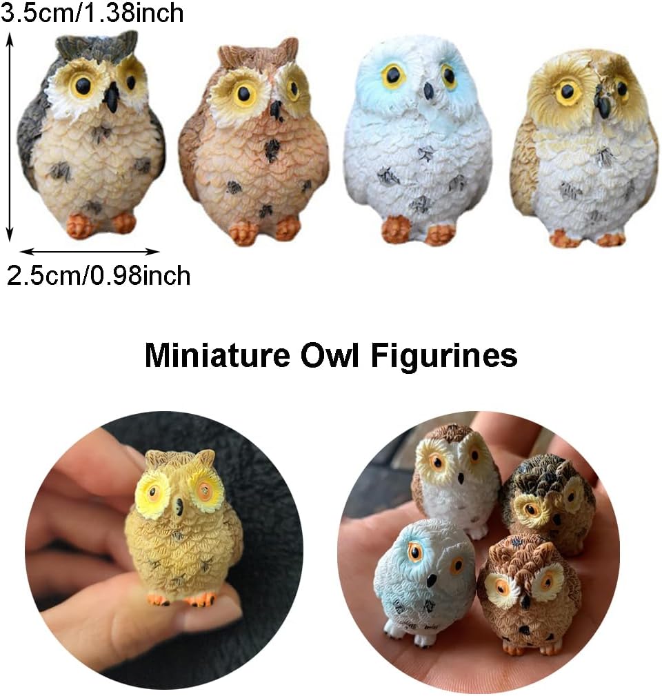 Purple Star Mini Owls 4 Pack Tiny Owls Little Owl Figurines Mini Resin Animals Figures Miniature Owl Ornament Fairy Garden Micro Statues Cake Topper Decorations Women Mother Gifts White