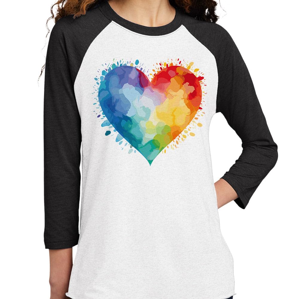 Watercolor Rainbow Heart Three-Quarter Raglan Sleeve Baseball Shirt Unisex 2X-Large White/Black