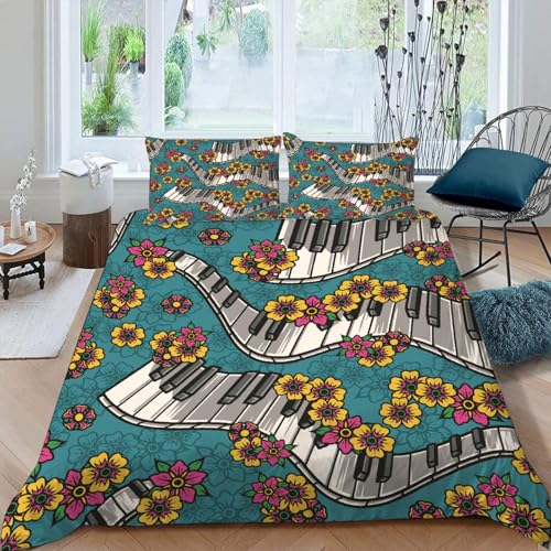 MOXINO 3D Musik Bettwäsche 135x200 cm 2teilig Blumen Bettwäsche für Kinder Leicht Mikrofaser Bettbezug Sommer Weiche Bettbezüge mit Kissenbezüge 50x75（Muster 90-1）