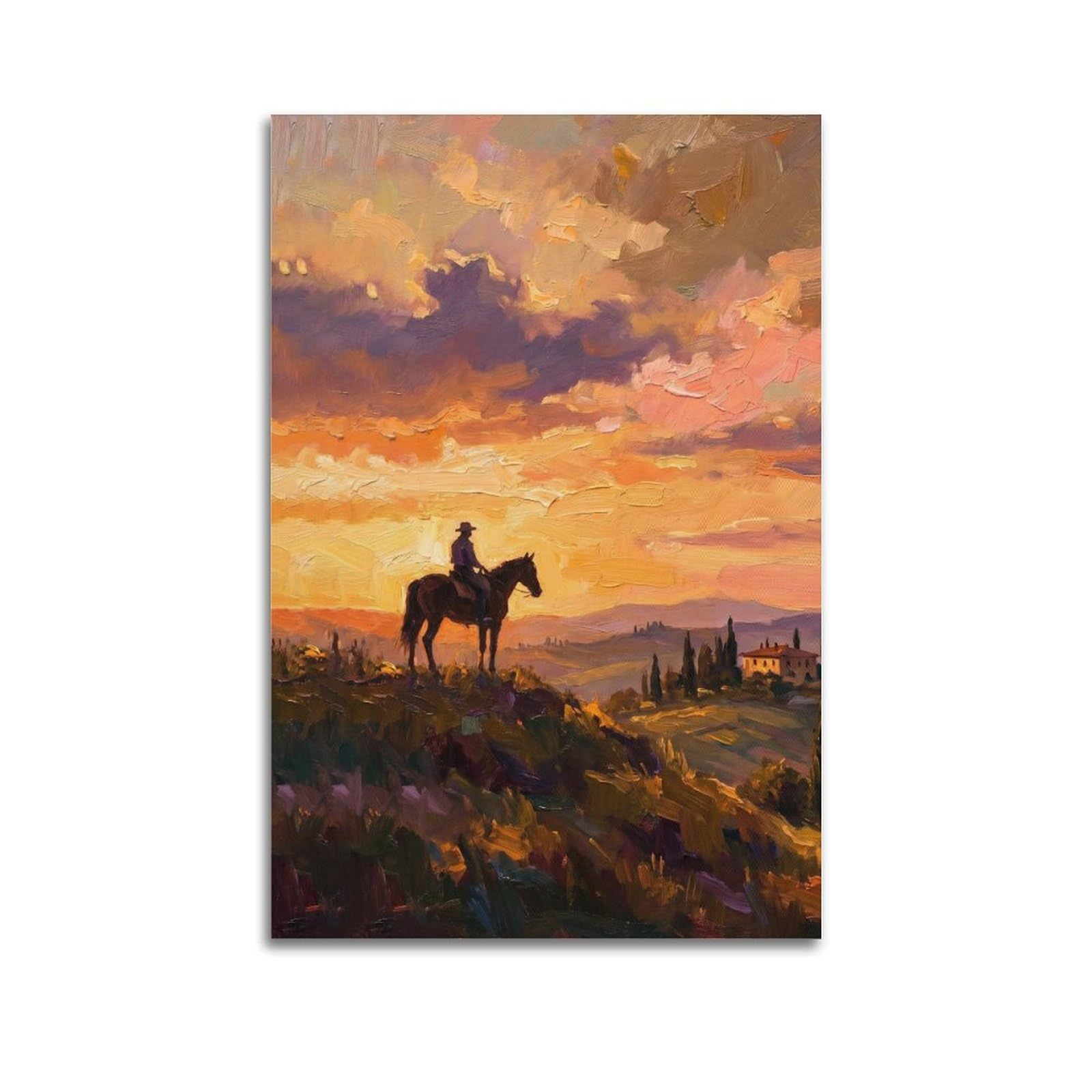 XKUGA Tuscany Horseback Riding Travel Poster Sunset Hills Vintage Modern Decorative Canvas Prints - Ideal Wall Art for Family, Man Cave, Game Room, Boys & Girls Bedroom 24x36inch(60x90cm)