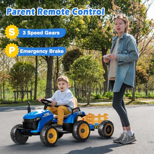 Image of ARBELI 24V Ride On Tractor w /2.4G Remote Control, Tiltable Trailer, Blue