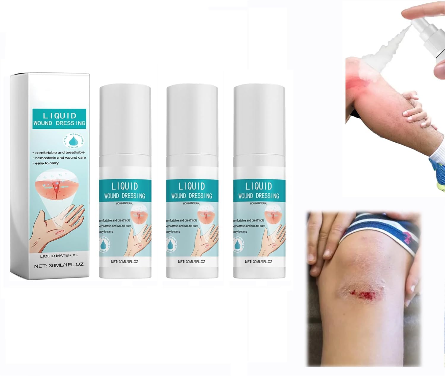 Azonee Waterproof Liquid Bandage Spray, 30 ml Quick-Drying Healing Gel for Wounds, Breathable Protective Film for Scratches and Minor Injurie, Liquid Wound Dressing Breathable Skin Repair Spray (3Pcs)