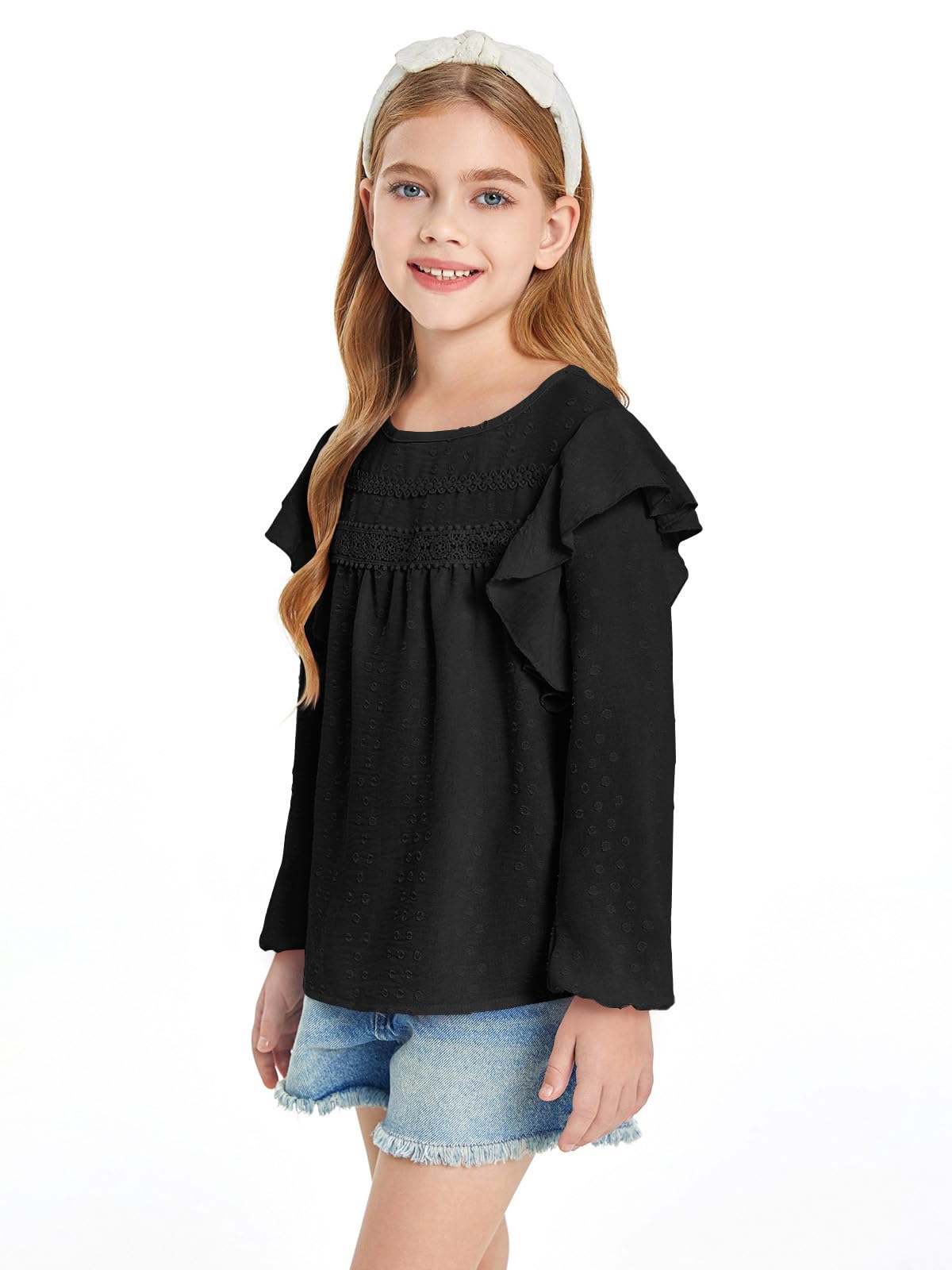 Haloumoning Camisas de manga larga para niñas de 4 a 14 años con cuello redondo y volantes y lunares suizos