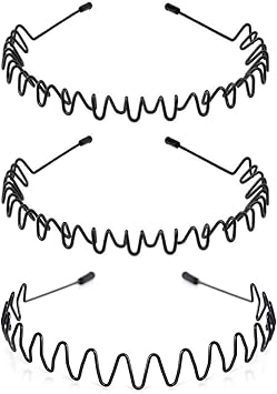3pcs Mens Hair Bands Metal Hair Hoop Black, Non-Slip Elastic Wavy Zig Zag Headband Men, Unisex Sports Fashion Hairbands for Outdoor Sports Yoga Makeup Washing