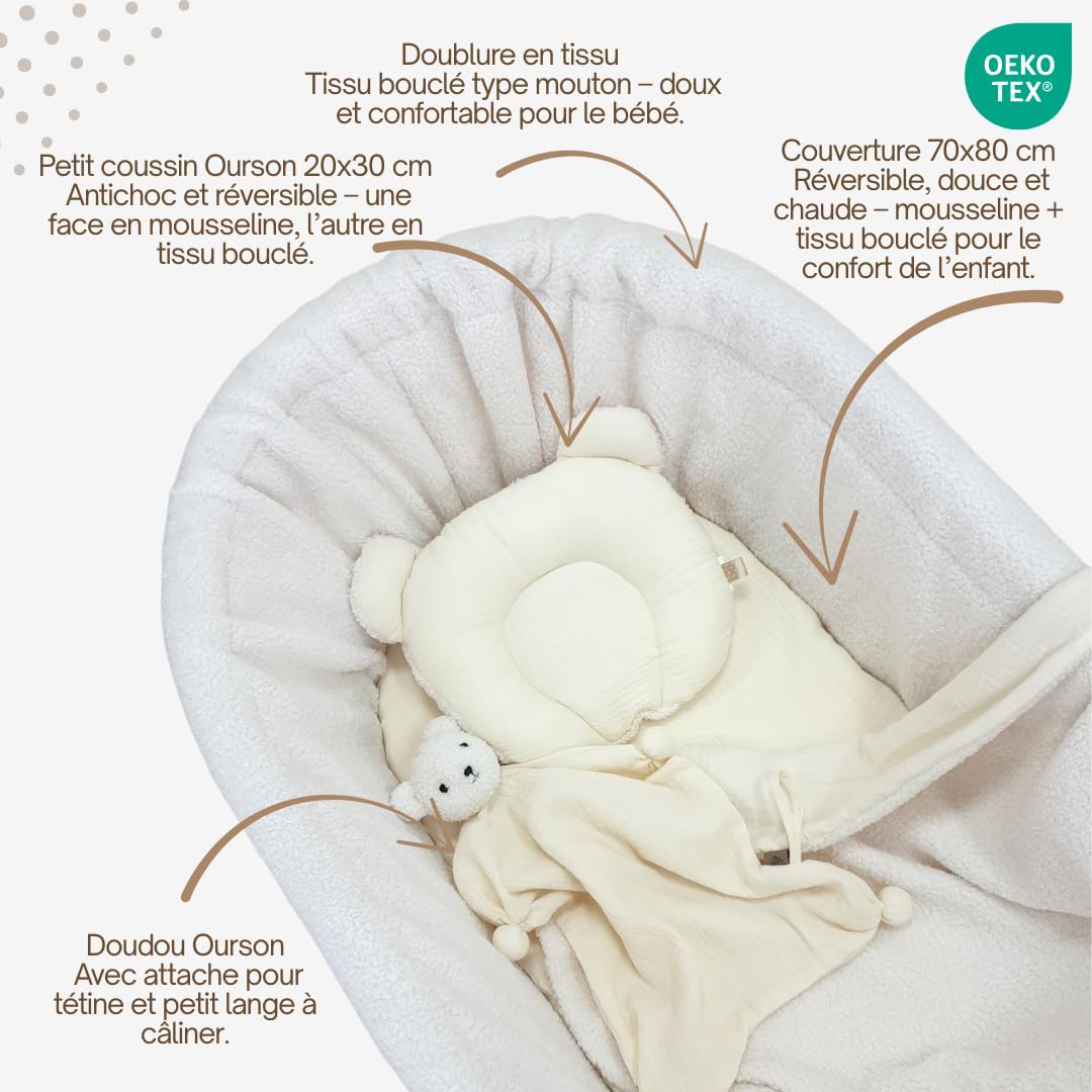 WIKLINOPOL Berceau – Couffin tressé à la Main Naturel avec châssis et Matelas – Ensemble de literie Teddy 5 pièces écru – Couffin bébé Portable à roulettes – Idéal pour Nouveau-né