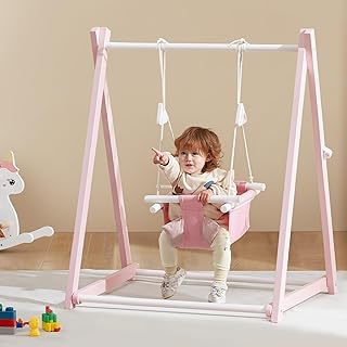 FUNLIO Wooden Swing Set for Toddlers 6-36 Months, Foldable Baby Swing Set with Durable Pine, Portable Toddler Swing with 4 Sandbags & Extension Straps, Kid Swing for Indoor/Outdoor/Backyard - Pink