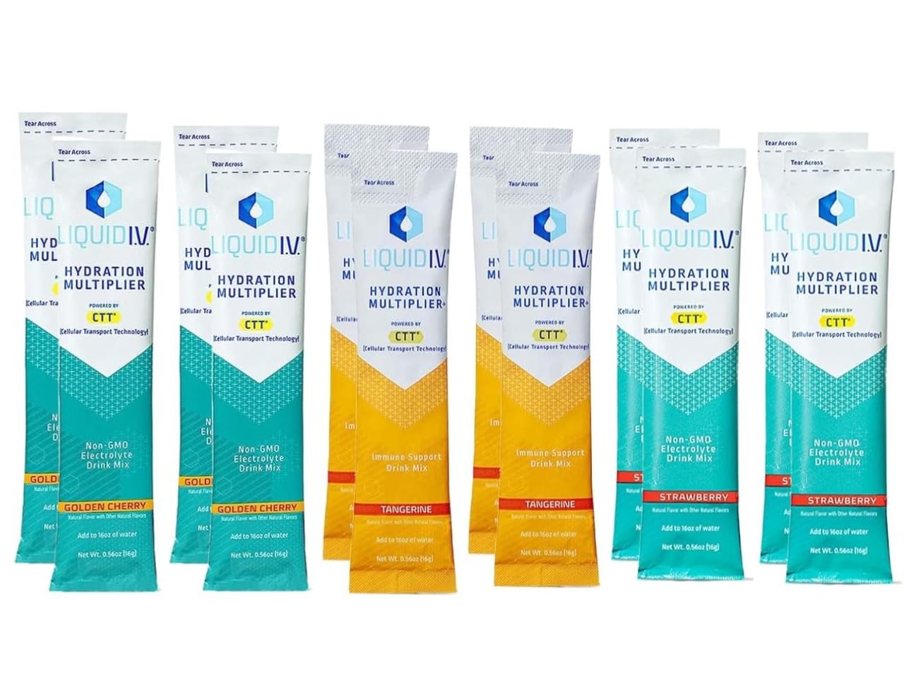 GenericLiquid IV Hydration Multiplier Variety Pack | 12 Pack | 4 Strawberry, 4 Tangerine, 4 Golden Cherry | Electrolyte Drink Mix | Easy Open Single-Serving Sticks| Non-GMO