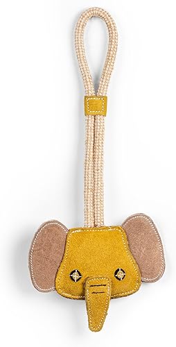 Juguete para perro de ante con cabeza de elefante, adorable cara de personaje con orejas y tronco. Hecho de cuero genuino con cuerda de algodón