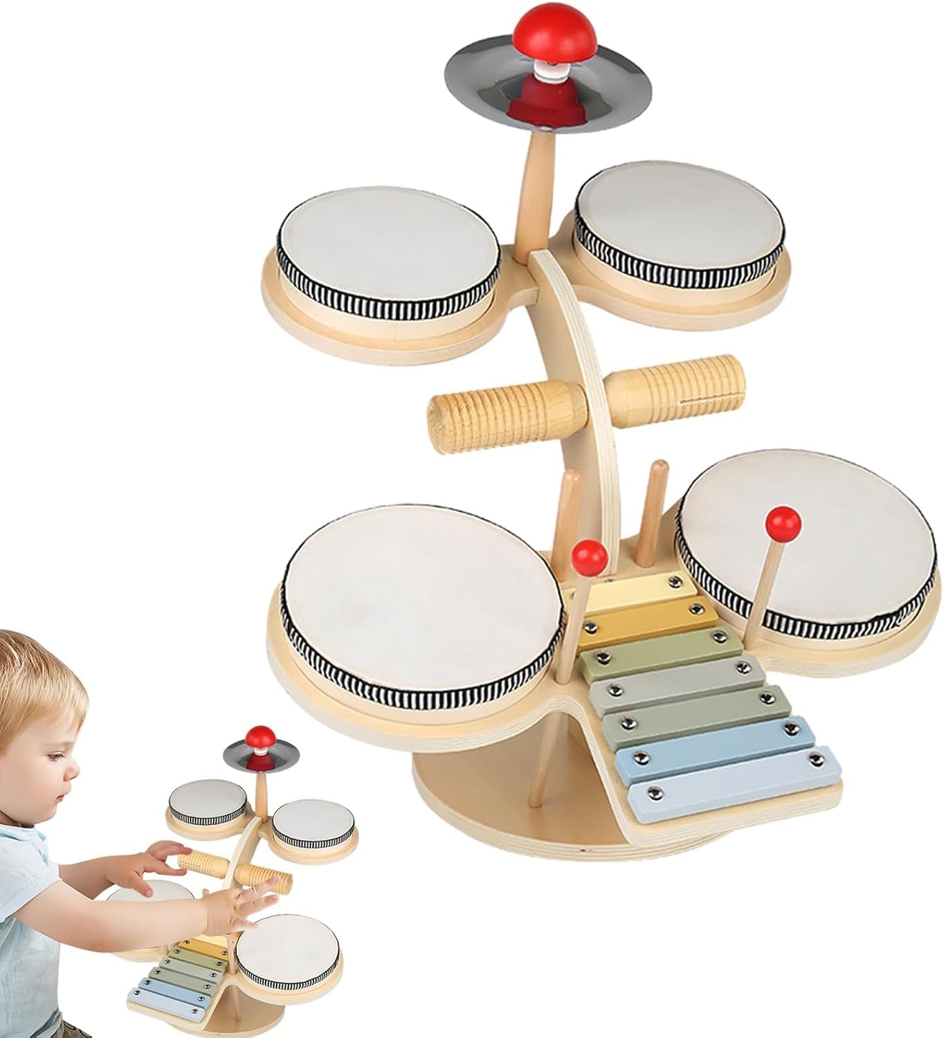 YHK Educational Wooden Musical Toy for Toddlers – Xylophone, Drum & Cymbal Set, Montessori Percussion Instruments, Safe, Non-Toxic, Perfect Gift for Toddlers and Babies (4 Drum)-image-20