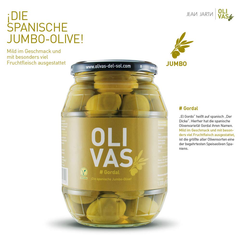 OLIVAS Gordal / 600 g (Glas) * spanische XXL-Riesenoliven * die Dicken im Jumbo-Format