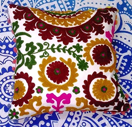 INDACORIFY Suzani - Funda de cojín india con pompones de 16 x 16 pulgadas, funda de almohada decorativa bordada, cojines de algodón para exteriores,