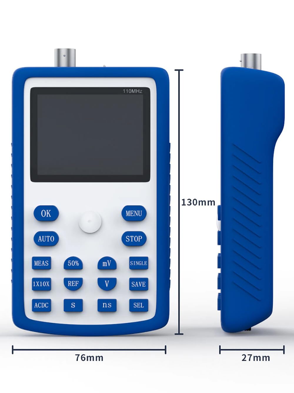 Dimensions of the FNIRSI-1C15 oscilloscope: 130mm height, 76mm width, 27mm depth.