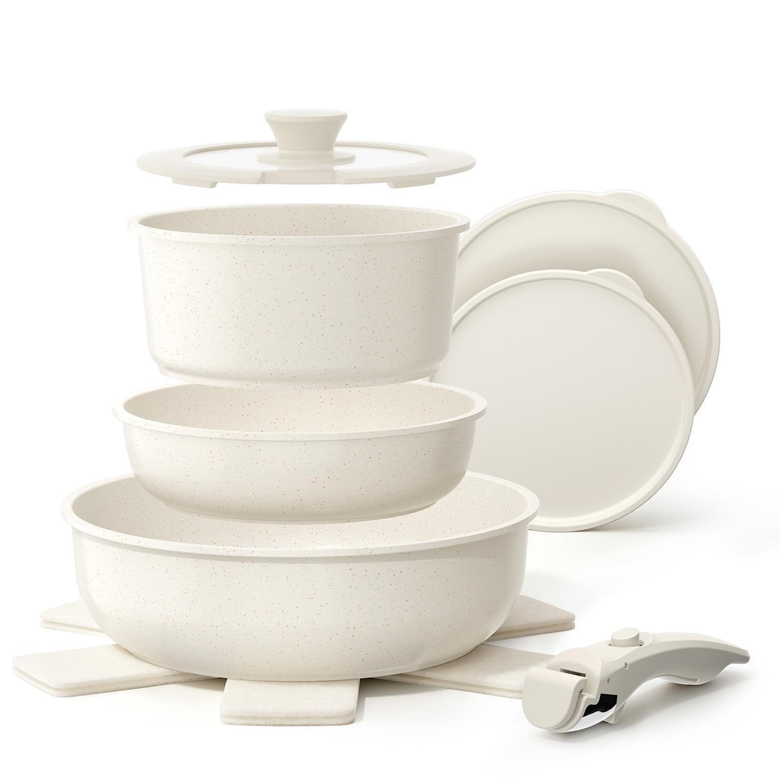 YASHE Pentole induzione 9 pezzi, atossiche, senza PTFE e PFAS | Tegame con Coperchio, Set Pentole e Padelle Antiaderenti in Granito Bianco, Induzione, Salvaspazio Impilabile