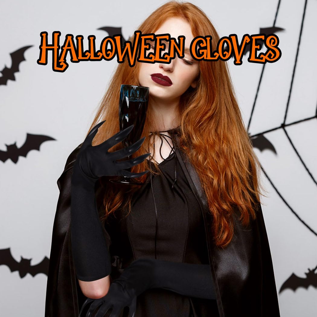 GEMILY Black Nails Gloves With Claws Cosplay Long Gloves Ghost Halloween Accessories for Adults and Kids