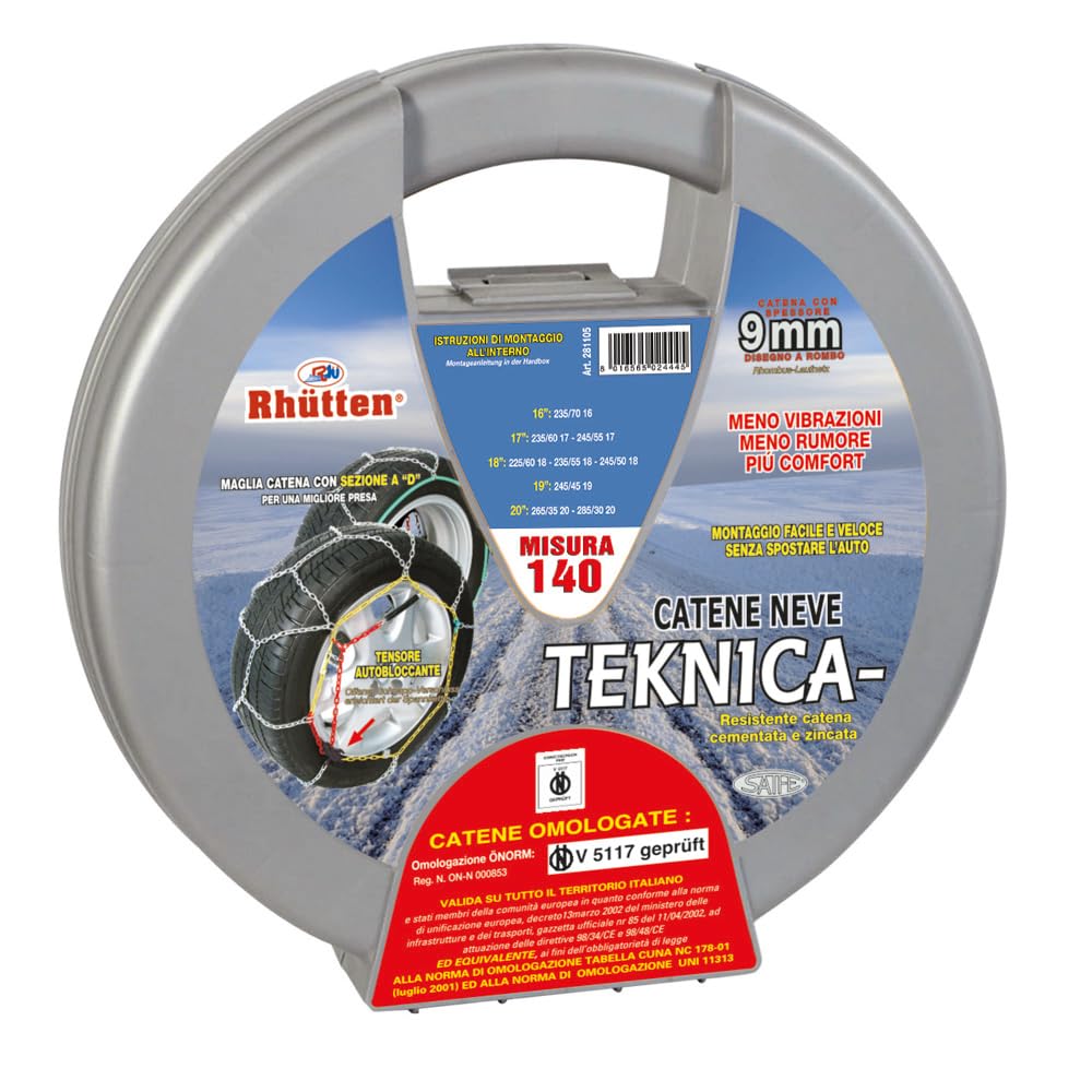 Teknica, Catene Da Neve Metallo Spesso 9 mm, Sezione a "D", Omologate EN e Onorm, Montaggio Rapido, Auto e Suv, Tensore Autobloccante, (Misura 140)