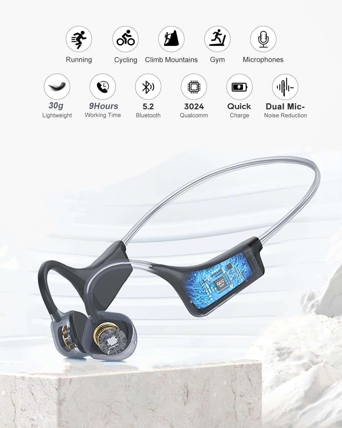 Knochenleitungskopfhörer – IP67 wasserdichtes Headset, kabellos, Bluetooth 5.2 Kopfhörer mit Dual CVC8.0 Mikrofon mit Geräuschunterdrückung, weiches Silikon, Sport-Kopfhörer für Laufen