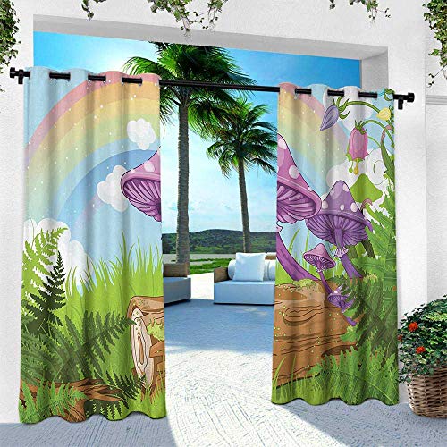 leinuoyi Mushroom, Patio Curtains, Fantastic Scenery with Wood Timber Grass and Rainbow Fungus Herbs Leaves Weed Art, W84 x L84 Inch, Multicolor