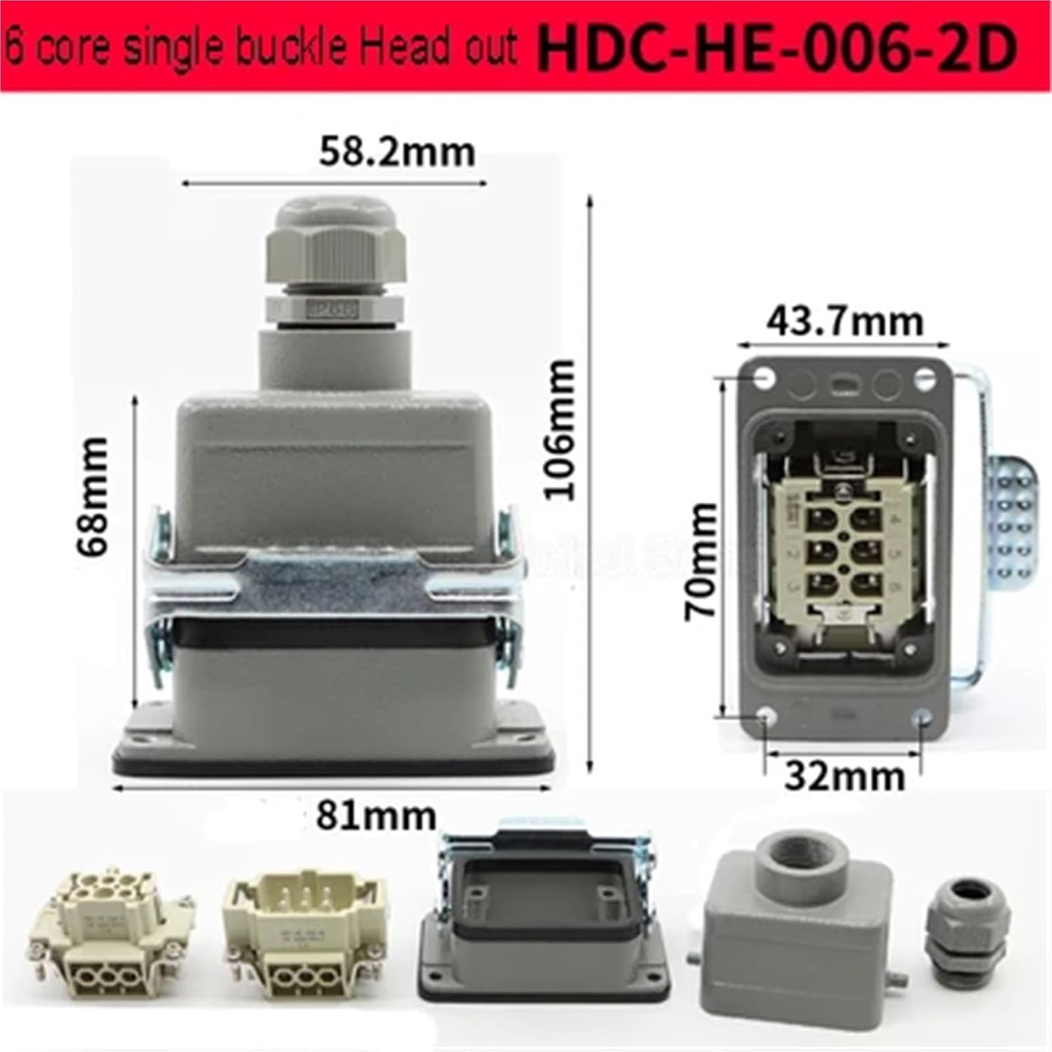 HDC-HE-024 Rectangular Heavy Duty Connectors 4-48 Core 16A Aviation Top Side Line Connector 1Pcs(Dark Grey)