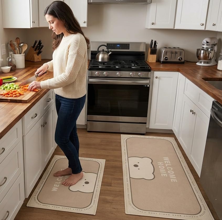 Image of HomeCloud Kitchen Rectangular Mat: Premium Anti-Slip, Soft, Washable, Designer Printed Mat for Floors, Kitchens, and Rooms - (6mm Thick, 41x122 cm and 41x61cm) (Welcome Home Beige)