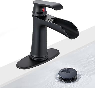 Black Waterfall Bathroom Faucet, Sanliv Single Handle Bathroom Faucets for Sinks 1 or 3 Hole 4 inch Hotel Vanity Faucet with Deckplate & Pop-Up Drain, Matte Black