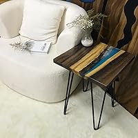 Vista 24 de Mesa de epoxi transparente, mesa de sofá con forma cuadrada, mesa auxiliar de resina de madera, mesa de centro de madera con borde natural para sala