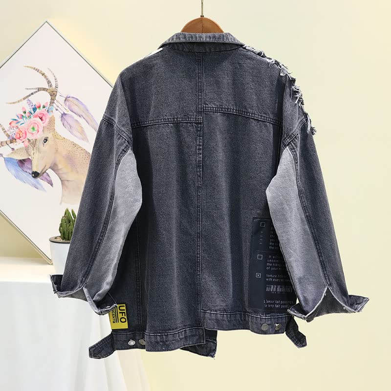 Hip Hop Denim Jacket Women Print Long Sleeve Coat Loose Washed Jeans Outerwear,One Size2